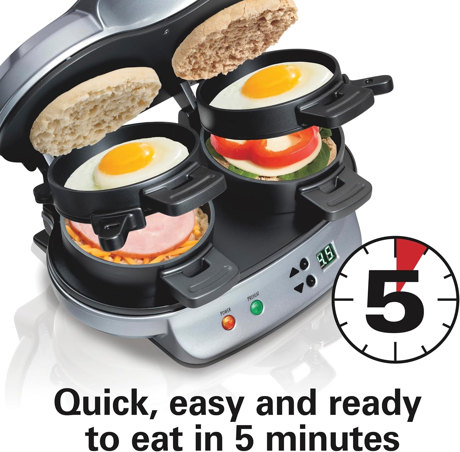 Dual Breakfast Sandwich Maker with Timer, Silver (25490A)